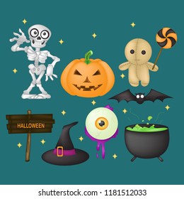 A vector illustration collection of halloween trick and treat holiday icons and happy characters.