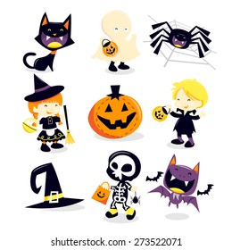 A vector illustration collection of halloween trick and treat holiday icons and happy characters. 