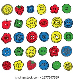 Vector illustration. Collection of hand drawn clothing buttons. Set of fun, cute colourful buttons. Individually isolated. Design elements, icons, dress making, sewing, craft products and packaging.  