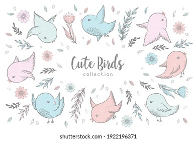Vector illustration with collection of hand drawn cute birds, branches, leaves, flowers in pastel colors isolated on white background. Design for room decoration, print, fabric, wallpaper, card