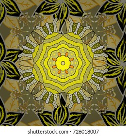Vector illustration. Vector illustration. Collection of hand drawn flowers and plants. Seamless floral pattern with cute doodles flowers. In sketch style yellow, neutral and black colors.