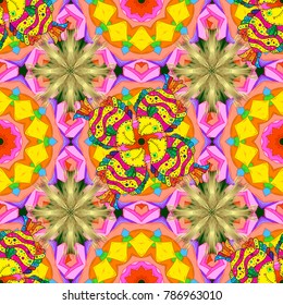 Vector illustration. Collection of hand drawn flowers and plants. In sketch style orange, yellow and pink colors. Seamless floral pattern with cute doodles flowers. Vector illustration.
