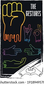 Kollektion von Hand- und Fingergesten mit mehrfarbigem Farbverlauf auf schwarzem Hintergrund
