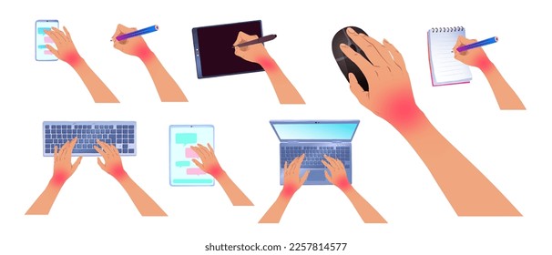 Vector illustration collection of hands with carpal tunnel syndrome using devices