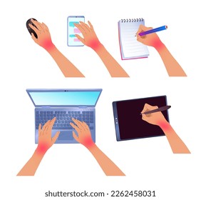 Vector illustration collection of hands with carpal tunnel syndrome using different kinds of devices