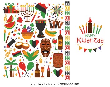 Vector illustration collection of Happy Kwanzaa. Holiday symbols on white background. Vector illustration.