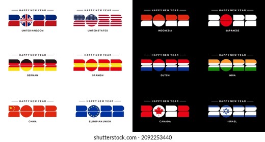 Vector Illustration Collection of Happy New Year 2022 Text. 2022 Numbers with Flag Elements from Different Countries China, Indonesia, USA, for Print Posters, Calendars, Banners and Greeting Cards