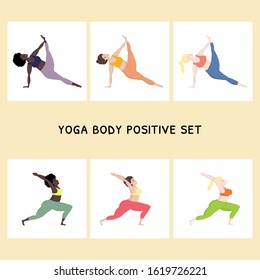 Vector illustration collection with happy of oversized woman in yoga position. Sport and body health positive concept. Love body. Attractive woman of large sizes an active healthy lifestyle