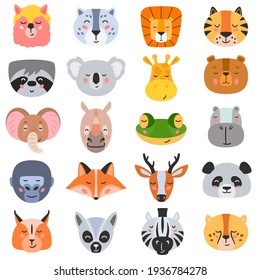 Vector illustration of collection of heads of assorted types of wild animals on white background