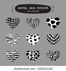 Vector illustration collection of heart shape with animal skin in black and white, Set of hand drawn animal print in heart shape with different pattern designs