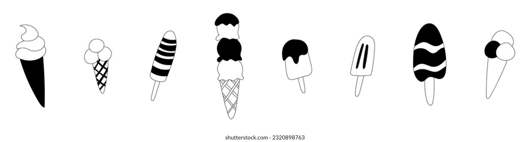 Vector illustration of a collection of ice cream on a stick and in a waffle cone. Black and white. A doodle style ice cream set is isolated on a white background.