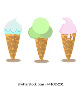 vector illustration of collection of ice cream. Set of ice cream cones. A vector of 3 different ice cream flavors in cones. 
