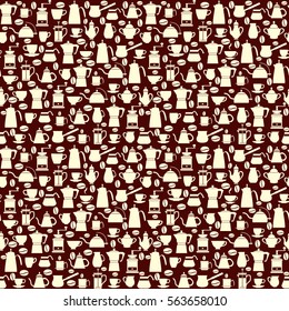 Vector illustration with  collection icons Coffee Pots with Cups, coffee mill, turkish. Seamless pattern, can use for menu, coffee shop or cards design.  