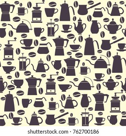 Vector illustration with collection icons Coffee Pots with Cups, coffee mill, turkish. Seamless pattern, can use for menu, coffee shop or cards design.  