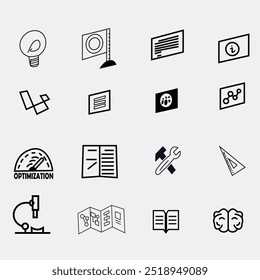 Vector illustration of a collection of icons in the field of education and science consisting of several icons such as paper, books, documents with icons, paragraphs in them, brains, microscopes.