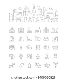 Vector illustration with a collection of icons of Qatar. Linear banner for websites, cards and business. Attractions in Qatar.