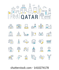 Vector illustration with a collection of icons of Qatar. Linear banner for websites, cards and business. Attractions in Qatar.