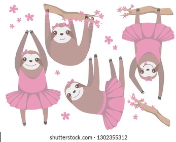 Vector illustration collection of isolated funny girlish cartoon style ballerina sloths with pink tutus  