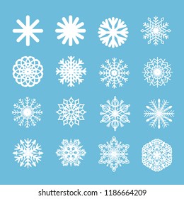 Vector illustration of collection of isolated white snowflakes on blue background. Elements for the design of snowy weather and Christmas.