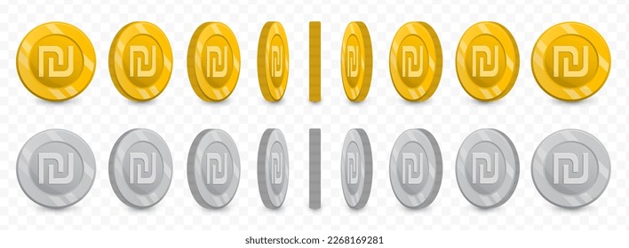 Vector illustration of a collection of Israeli new shekel currency coins in gold colors and grayscale isolated on transparent background (PNG).