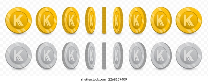 Vector illustration of a collection of Kenyan Shilling currency coins in gold colors and grayscale isolated on transparent background (PNG).