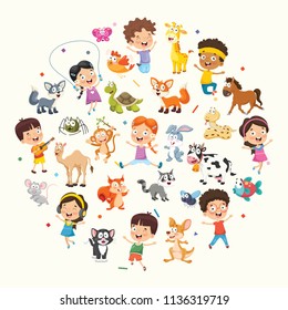 Vector Illustration Collection of Kids and Animals