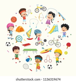 Vector Illustration Collection of Kids and Sport Equipments