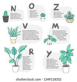 Vector illustration. Collection with kind cute plants in pots. Website template for texts