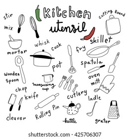 vector illustration - collection of kitchen utensils in doodle style such as cutlery, skillet, spatula, whisk, grater, knife, cleaver, pot, ladle and etc. Words regarding cooking utensils are included