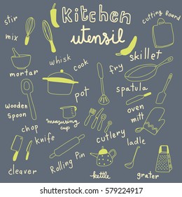vector illustration - collection of kitchen utensils in doodle style such as cutlery, skillet, spatula, whisk, grater, knife, cleaver, pot, ladle and etc. Words regarding cooking utensils are included