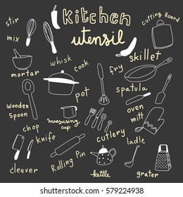 vector illustration - collection of kitchen utensils in doodle style such as cutlery, skillet, spatula, whisk, grater, knife, cleaver, pot, ladle and etc. Words regarding cooking utensils are included