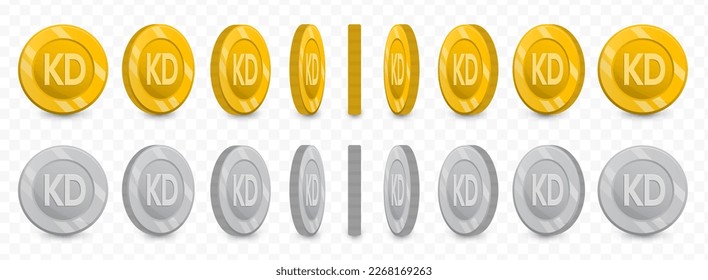 Vector illustration of a collection of kuwait dinar currency coins in gold colors and grayscale isolated on transparent background (PNG).