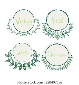 Vector illustration. Collection of labels with laurel wreaths. Pastel shades.