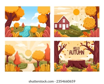 Vector illustration collection landscapes of autumn season, where vibrant foliage lines the tranquil banks of a meandering river, the idyllic countryside exudes golden hues, and the serene forest.