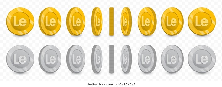 Vector illustration of a collection of Leone Sierra Leone currency coins in gold colors and grayscale isolated on transparent background (PNG).