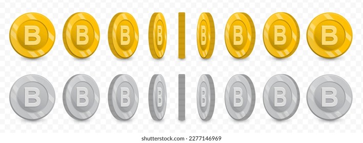 Ilustración vectorial de una colección de monedas de letra B en oro y escala de grises aisladas en fondo transparente (PNG).