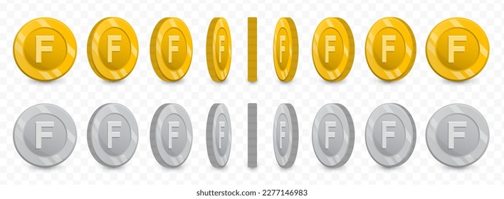 Vector illustration of a collection of letter F coins in gold colors and grayscale isolated on transparent background (PNG).