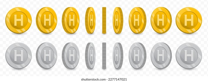 Vector illustration of a collection of letter H coins in gold colors and grayscale isolated on transparent background (PNG).