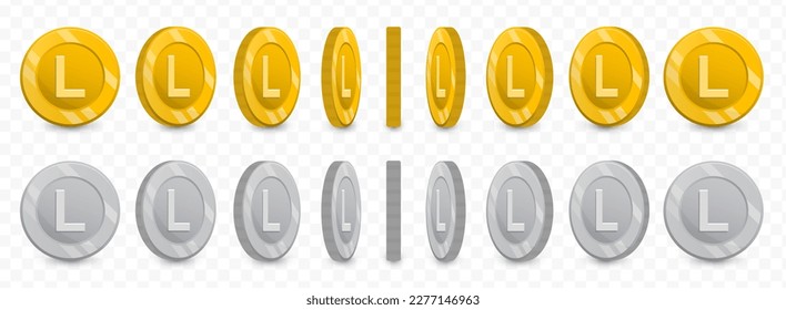 Vector illustration of a collection of letter L coins in gold colors and grayscale isolated on transparent background (PNG).