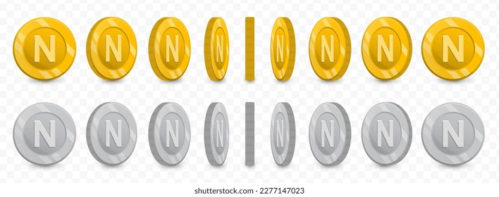 Vector illustration of a collection of letter N coins in gold colors and grayscale isolated on transparent background (PNG).