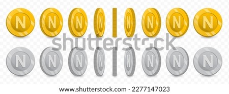 Vector illustration of a collection of letter N coins in gold colors and grayscale isolated on transparent background (PNG).