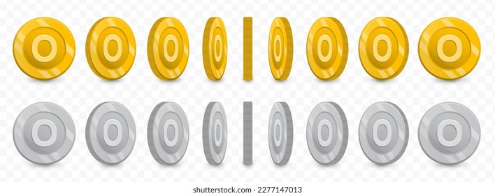 Vector illustration of a collection of letter O coins in gold colors and grayscale isolated on transparent background (PNG).