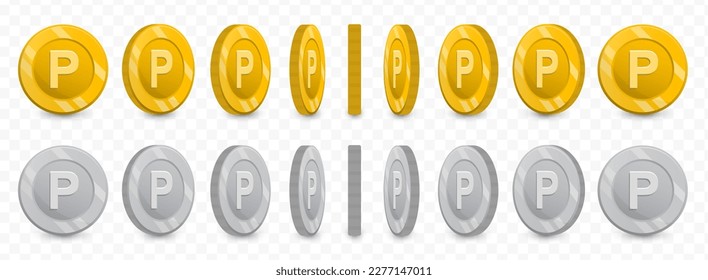 Vector illustration of a collection of letter P coins in gold colors and grayscale isolated on transparent background (PNG).