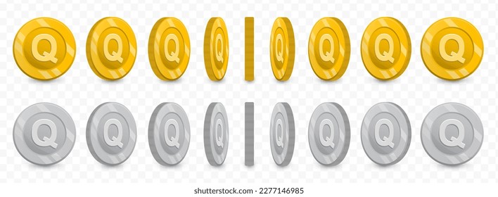 Vector illustration of a collection of letter Q coins in gold colors and grayscale isolated on transparent background (PNG).