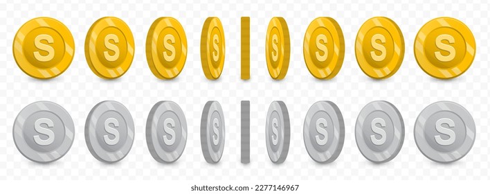 Ilustración vectorial de una colección de monedas de letra S en oro y escala de grises aisladas en fondo transparente (PNG).