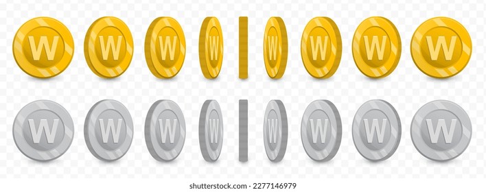 Vector illustration of a collection of letter W coins in gold colors and grayscale isolated on transparent background (PNG).