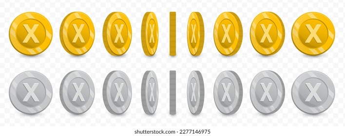 Vector illustration of a collection of letter X coins in gold colors and grayscale isolated on transparent background (PNG).
