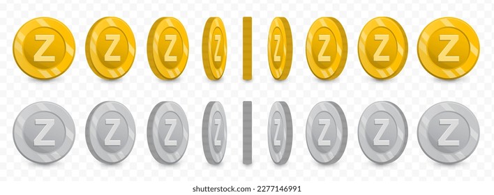 Vector illustration of a collection of letter Z coins in gold colors and grayscale isolated on transparent background (PNG).