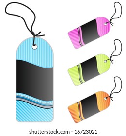 Vector illustration of a collection of lined art retro retail tags or labels. Modern striped abstract textures. Four versions.