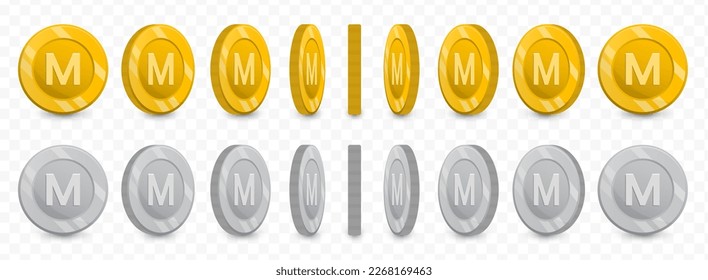 Ilustración vectorial de una colección de monedas de Loti Lesotho en oro y escala de grises aisladas en fondo transparente (PNG).